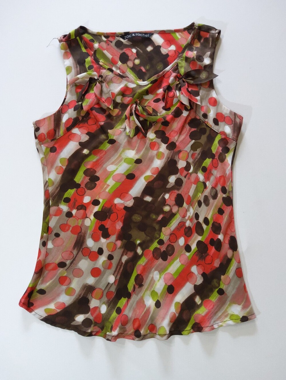 Zac & Rachel Top Womens Medium Pink Green Black‎ Abstract Polka Dot Fabric Bows